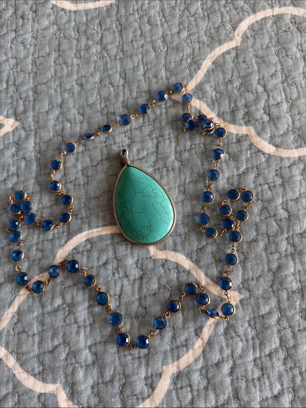 Turquoise Teardrop Pendant Necklace with Blue Beaded Chain